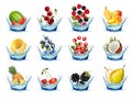 Set of fruits and vegetables in water splashes. Peach, watermelon, cherry, raspberry, blackberry, coconut, Royalty Free Stock Photo