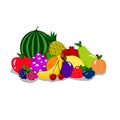 Set of fruits on a white background: watermelon, pineapple, pomegranate, pear, peach, blueberry, strawberry, plum, lemon