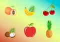 Set of fruits: whole and pieces - bananas, pineapple, coconut, peach, apple, cherries