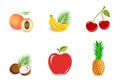 Set of fruits: whole and pieces - bananas, pineapple, coconut, peach, apple, cherries