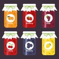 Set of fruity jam jars, orange, strawberry, grape, cherry Royalty Free Stock Photo