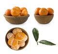 Set of frwsh tangerines isolated on white. Mandarins in a wooden bowl with copy space for text. Ripe and tasty tangerines isolated Royalty Free Stock Photo