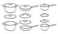 Set of frying pan and different pots isolated on white background. Vector illustration. Vector set of kitchen pots and Royalty Free Stock Photo