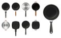 Set of frying pan kitchen utensil or aluminium flat frying pan or realistic stainless steel flat cooking pan concept