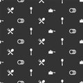 Set Frying pan, Plate, Crossed fork and spoon and Spoon on seamless pattern. Vector