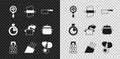 Set Frying pan, Rolling pin on dough, Saucepan, Grater, Knife, Broken egg, Stopwatch and Cooking pot icon. Vector