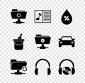 Set FTP sync refresh, Music book with note, Water drop percentage, , Headphones and and CD or DVD icon. Vector Royalty Free Stock Photo