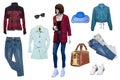 Set of a full length mannequin wearing jeans, jacket, sneaker and stylish jeans, jacket, handbag, blouse, hat and other