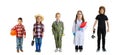 Set of full-length portraits of little boys and girls, children in image of different professions posing isolated over