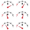 Set full tank scale, gas meter, clock face fuel measurements, fuel gauge indicator, dashboard scale icon, car control sensor sign Royalty Free Stock Photo