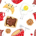 Set of fun food. Breakfast in the form of characters. A cup, a plate of porridge, croissant, toast, biscuits, scrambled eggs and b Royalty Free Stock Photo