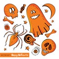 Set in for a fun Halloween. Cartoon monsters in flat style. Hand drawing in orange, red, black, white. Isolated object.