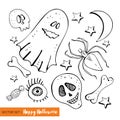 Set in for a fun Halloween. Cartoon monsters in flat style. Hand drawn black line on white background. object.