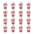 Set of fun kawaii cola soda drink icon cartoons