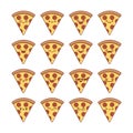 Set of fun kawaii pepperoni sliced pizza icon cartoons