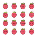 Set of fun kawaii raspberry fruit icon cartoons