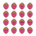 Set of fun kawaii strawberry fruit icon cartoons