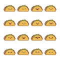Set of fun kawaii taco icon cartoons