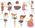 Set of fun and kind kids illustrations. Girls playing outdoors, smiling, jumping on playground Royalty Free Stock Photo