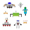 Set of fun robots of different shapes. Children`s drawing.