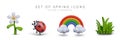 Set of fun spring icons in cartoon style. 3D white daisy, ladybug, rainbow on clouds, green grass Royalty Free Stock Photo