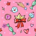 Seamless pattern cute fun trendy diadem sweets heart star icecream candy flower