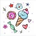 Set of fun trendy sweets heart star icecream candy flower sticker isolated on white