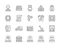 Set of Funeral Line Icons. Church, Crypt, Testament, Coffin, Hearse and more.