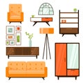 Set of funiture objects illustration. Set of living room funiture. Sofa, wardrobe, coffee table. Royalty Free Stock Photo