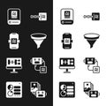 Set Funnel or filter, Artificial intelligence AI, Binary code, Algorithm, robot, and Computer api interface icon. Vector Royalty Free Stock Photo