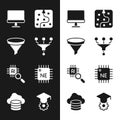 Set Funnel or filter, Computer monitor, Neural network, Processor CPU, Graduation cap and Cloud database icon. Vector Royalty Free Stock Photo