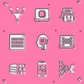 Set Funnel or filter, Processor CPU, Chat bot, Binary code, Humanoid robot, Neural network, and Mobile phone icon Royalty Free Stock Photo
