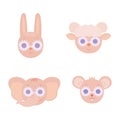 A set of funny animal faces with glasses.The head of a hare, a lamb, an elephant and a mouse. Vector illustration