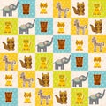 Set of funny animals bear cat raccoon zebra tiger elephant seamless pattern. Polka dot background with green blue orange square. Royalty Free Stock Photo