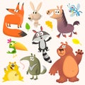 Set of funny animals isolated on white background. Cartoon fox ant-eater horse bunny raccoon hamster and bear. Vector illustration