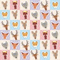 Set of funny animals muzzle cow horse wolf fox deer kangaroo seamless pattern with pink lilac blue square. Vector Royalty Free Stock Photo
