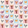 Set of funny animals muzzle horse bat cow elephant fox rat seamless pattern with pink lilac blue square. Vector Royalty Free Stock Photo