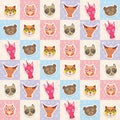 Set of funny animals muzzle owl raccoon unicorn cow bear cat seamless pattern with pink lilac blue square. Vector Royalty Free Stock Photo