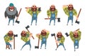 Set of funny bald lumberjack in different poses. Cartoon bearded man with axe. Woodcutter in blue coveralls, hipster