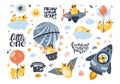 Set of funny bears, cute animals flying on an airplane, air balloon, cloud, handmade wings. Lettering inspiration phrases. Cartoon Royalty Free Stock Photo