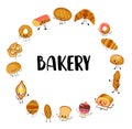 Set of funny bread, bakery characters with human faces, cartoon vector illustration isolated on a white background. Smiling white Royalty Free Stock Photo