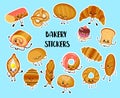 Set of funny bread, bakery characters with human faces stickers, smiling white, rye and whole grain bread, loaf, baguette,