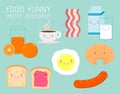 Set of funny breakfast, food funny cartoon characters on background,Vector Illustration.