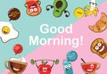 Set of funny breakfast food icons. Cartoon face food emoji. Funny food concept.