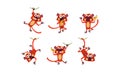 Flat vector set of funny brown lemur in different actions. Wild monkey with various emotions