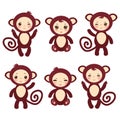 Set of funny brown monkey boys and girls on white background. Vector