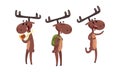 Set of Funny Brown Moose in Various Poses Set, Cute Wild Humanied Forest Animal Cartoon Character Cartoon Style Vector