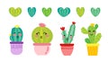 A set of funny cacti in pots and cactus hearts. For use in printing, postcards, textiles. Vector illustration.