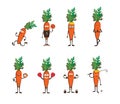 Set of funny carrots doing sport . cartoon vector illustration isolated on white background. Cute and focused characters Royalty Free Stock Photo