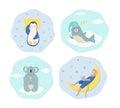 Set of funny cartoon animals sleeping and dreaming. A penguin sleeps on a pillow, seal in a nightcap, monkey sleeps on the moon,